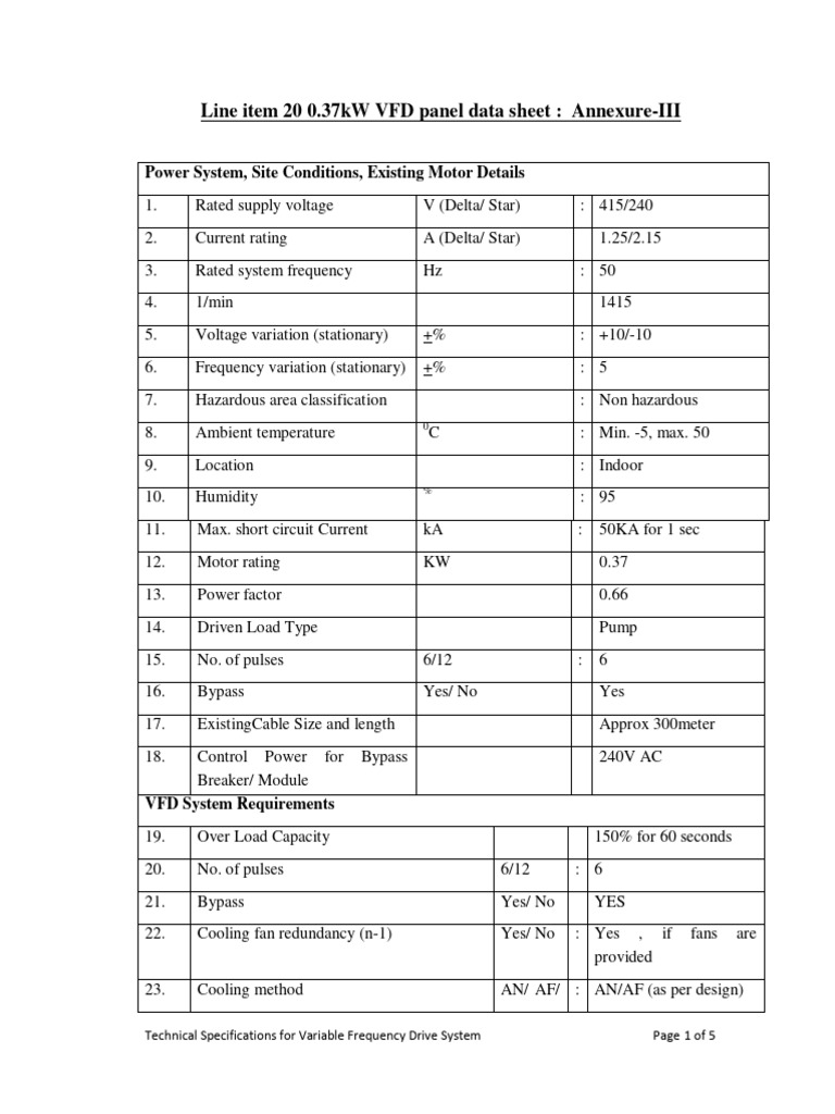 VFD Panel Technical Specifications | PDF | Power Inverter | Electric Motor