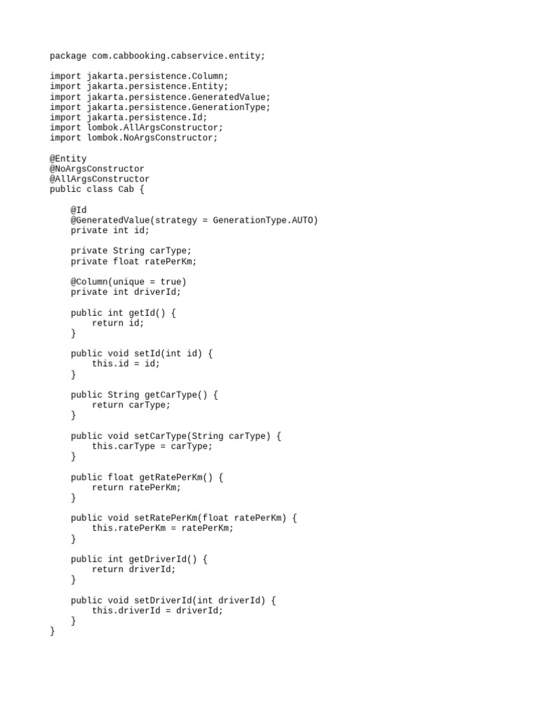 Java Cab Entity Class Overview | PDF | Business | Technology & Engineering