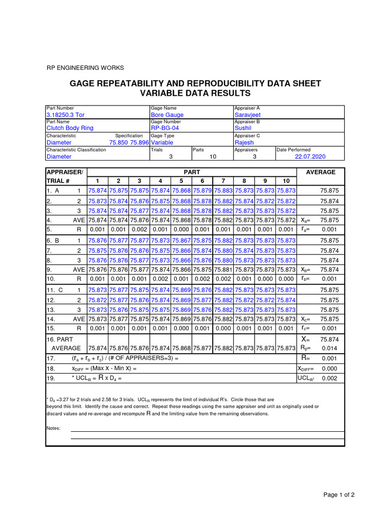 Gage R&R Data Sheet for Diameter Measurement | PDF | Science | Applied ...