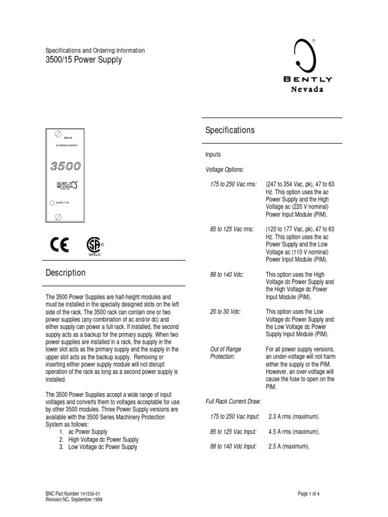 3500/15 Power Supply Specifications | PDF | Power Supply | Alternating ...