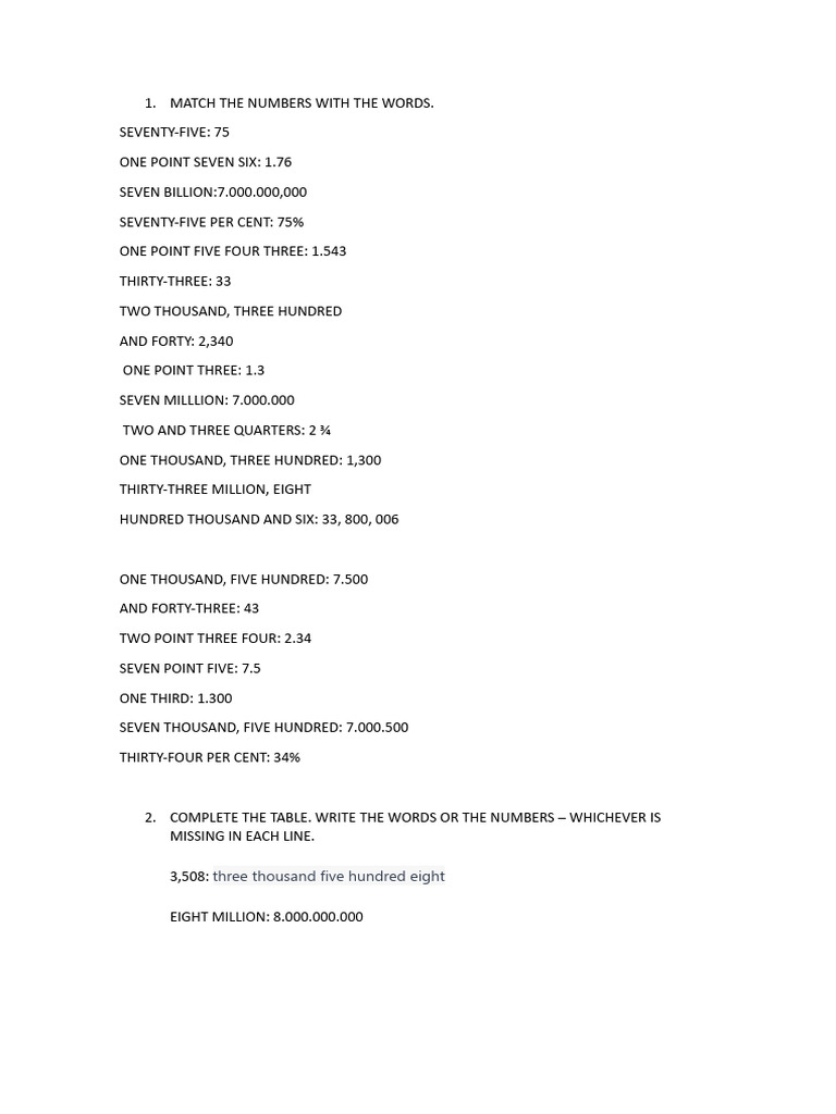 Match the numbers with the words pdf