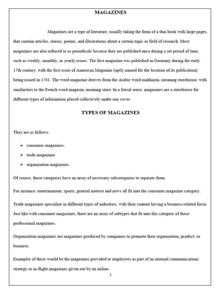 Types and Roles of Magazines Explained | PDF | Magazines | Advertising