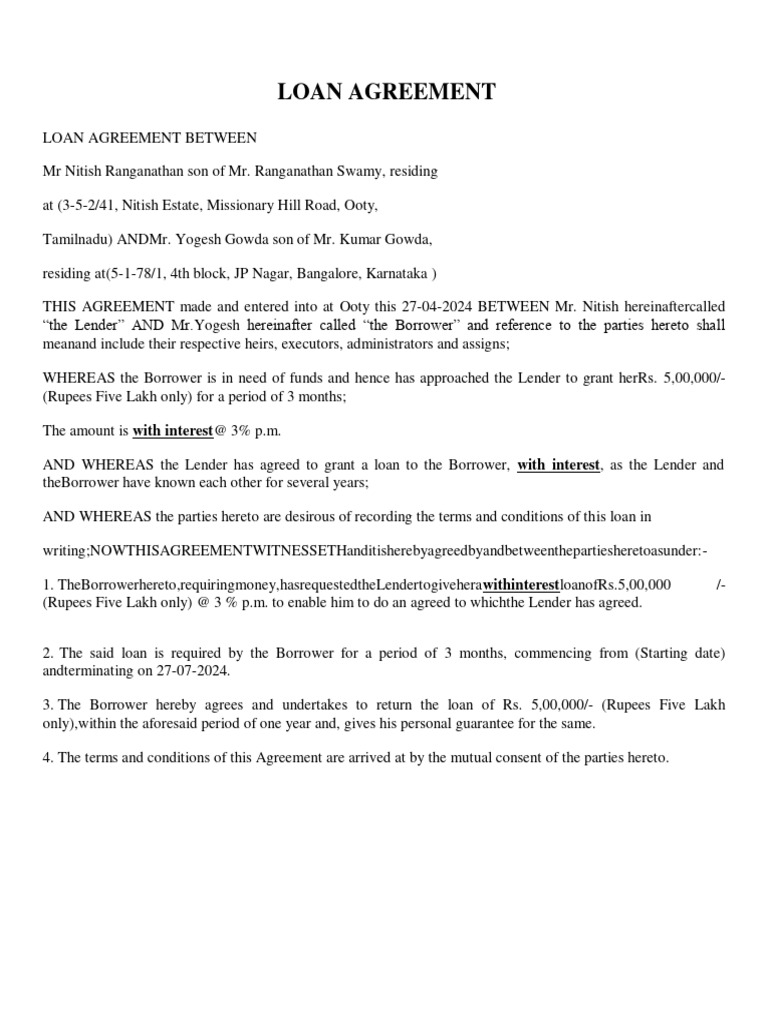Loan Agreement Between Individuals | PDF | Loans | Credit