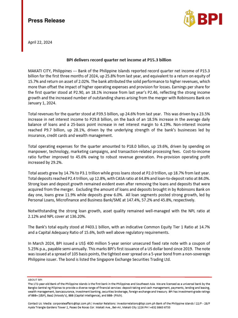 BPI Reports Record Q1 Net Income of P15.3B | PDF | Bond Credit Rating ...