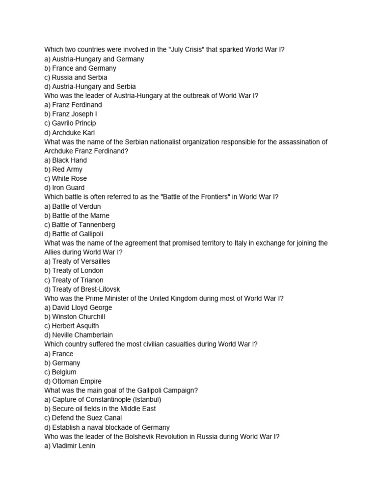 Comprehensive Quiz History | PDF | World War I | Austria Hungary