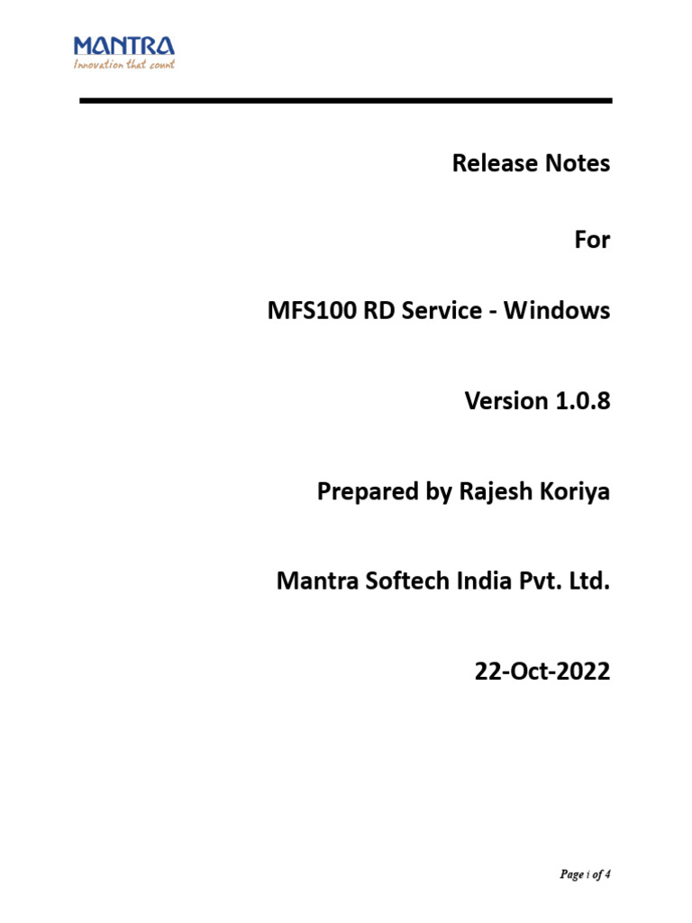 MFS100 RD Service v1.0.8 Release Notes | PDF | Microsoft Windows ...