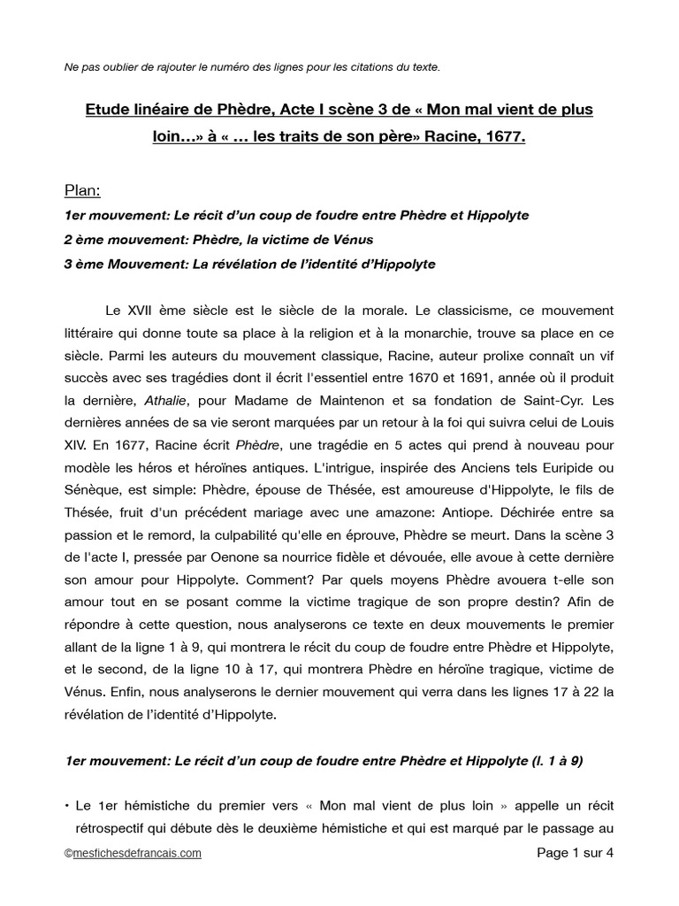 Lecture de Phèdre Phèdre - Cours & Concours