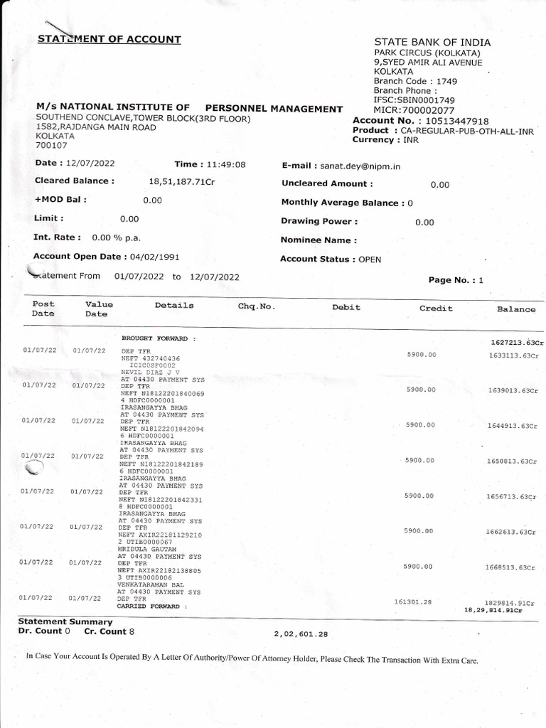 NIPM Account Statement Summary | PDF | Debits And Credits | Cheque