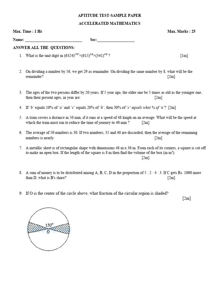 Aptitude Test For Acc - Math-Sample Paper | PDF | Area | Numbers