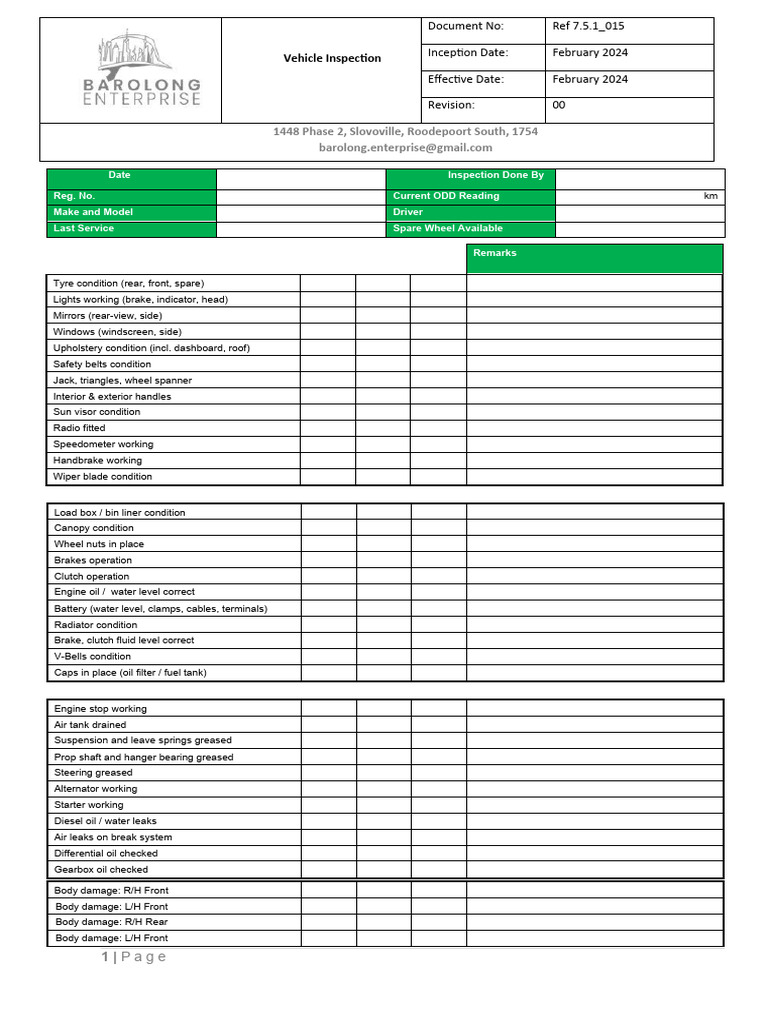 Monthly Vehicle Inspection Checklist | PDF | Private Transport ...