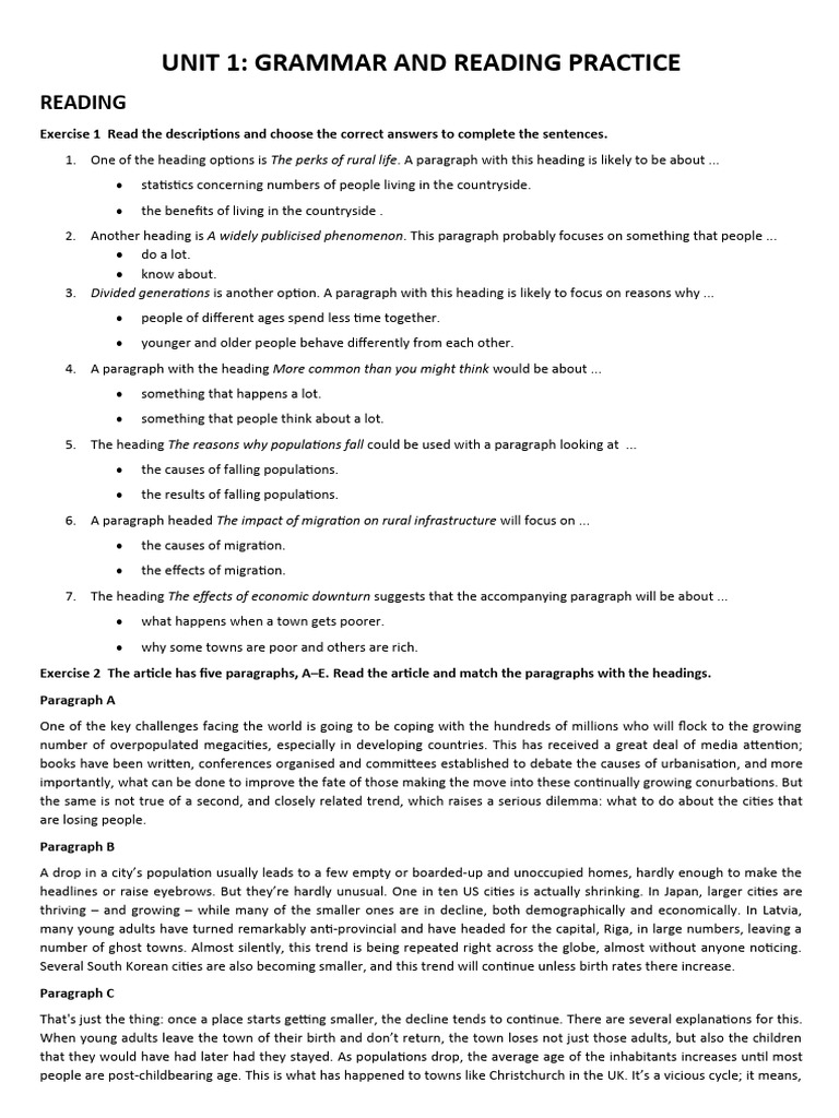 UNIT 1 grammar and reading practice | PDF