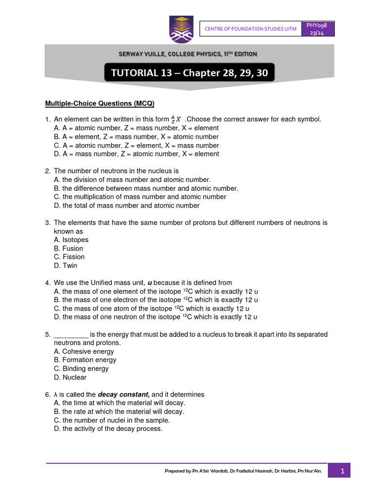 UiTM PHY098 MCQ & Tutorial Questions | PDF | Atoms | Atomic Nucleus