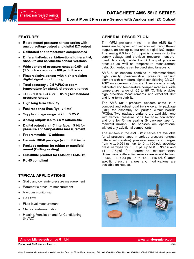 AMS 5812 Pressure Sensor Datasheet | PDF | Analog To Digital Converter ...