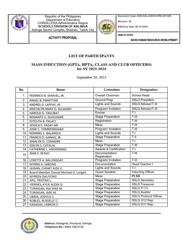 Oath taking list of participants pdf