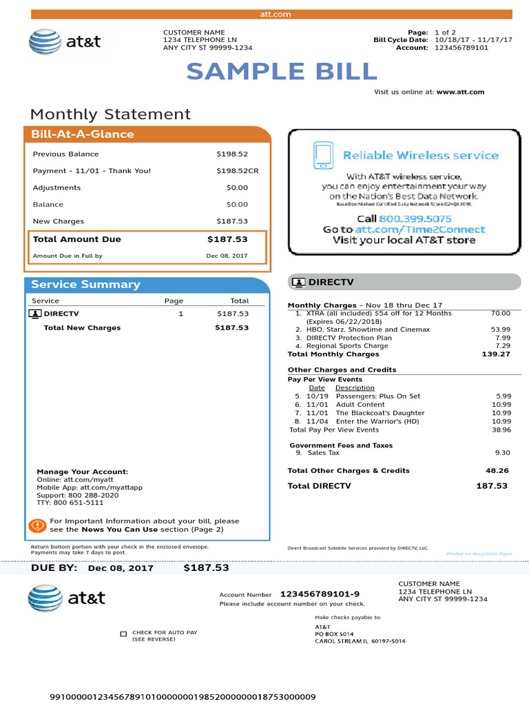 Sample DIRECTV Billing Statement | PDF | At&T | Fee