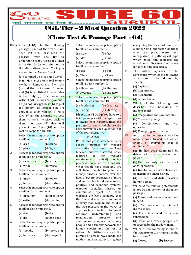 Passage & Cloze Test Part - 04 - 29537446 - 2024 - 02 - 10 - 11 - 33 | PDF