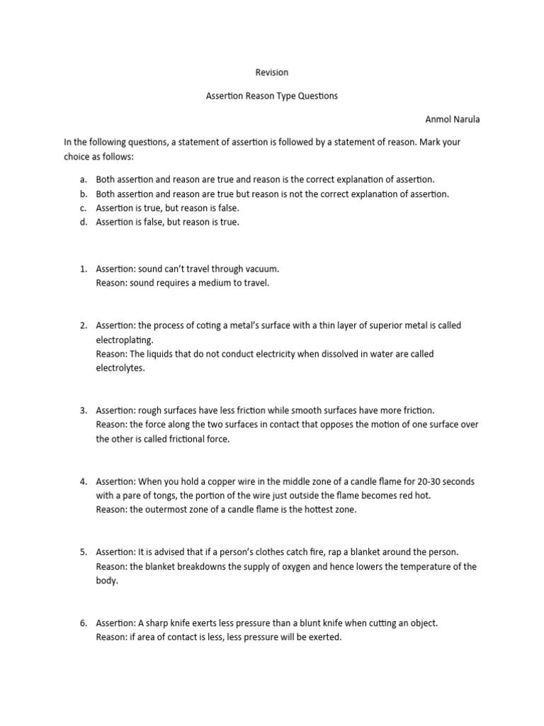 Assertion Reason Questions Guide | PDF