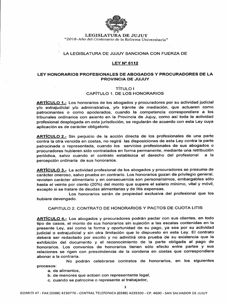 Ley de Honorarios Abogados Jujuy 6112 | PDF | Abogado | Sentencia (ley)