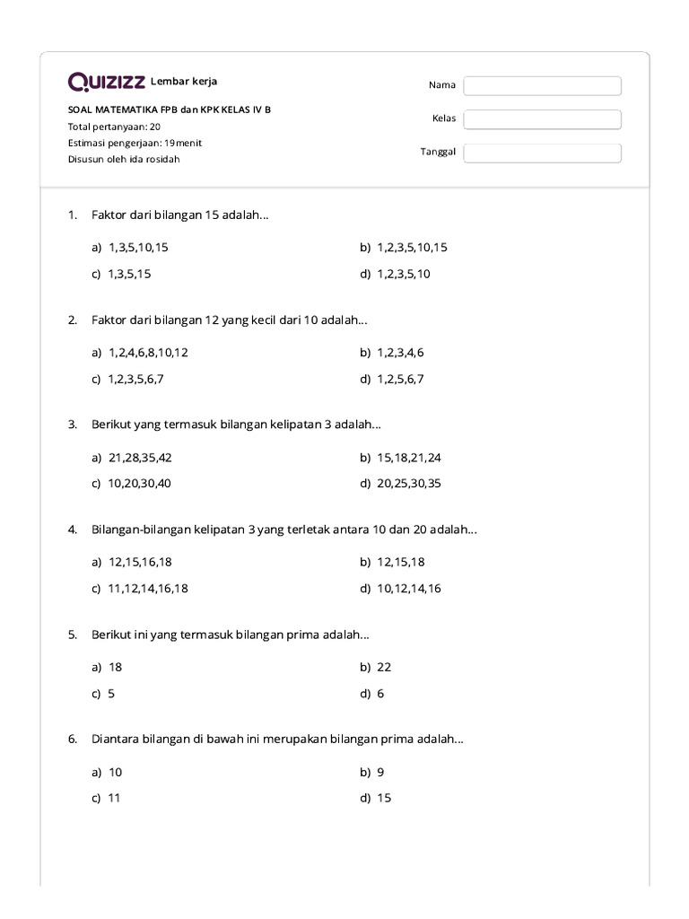 SOAL MATEMATIKA FPB Dan KPK KELAS IV B - Quizizz | PDF