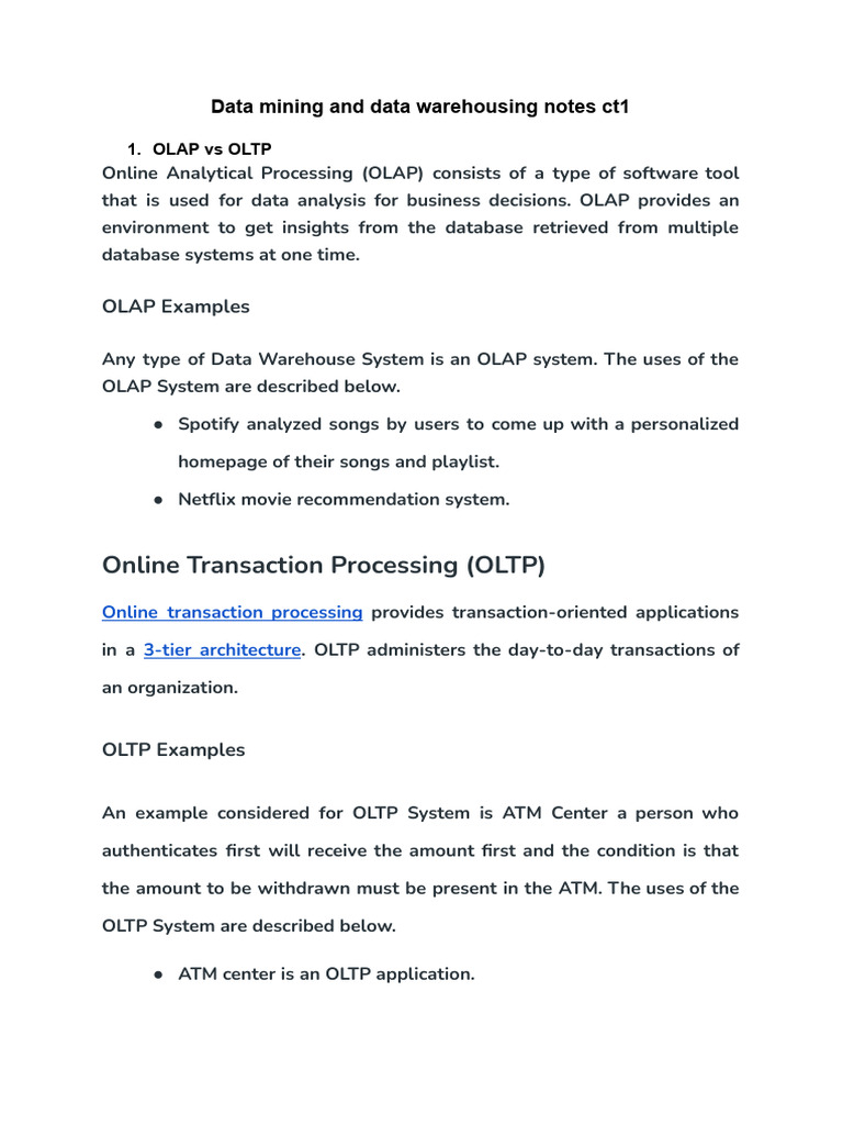 Data Mining And Data Warehousing Notes Ct1 Pdf Data Warehouse