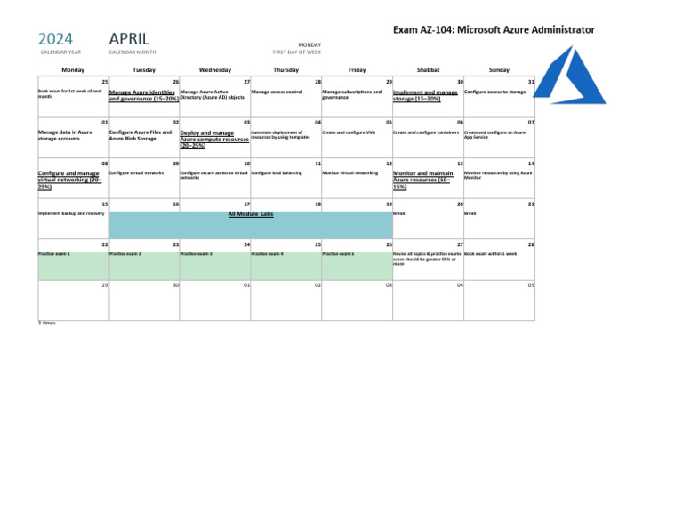 AZ-104 Study Plan and Schedule | PDF | Microsoft Azure | Computing