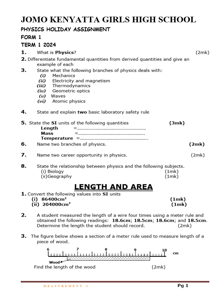 Physics Holiday Assignment Form 1 2024 | PDF | Density | Physics