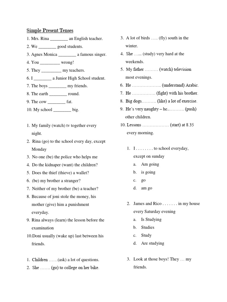 Simple Present and Continuous Tenses Exercises | PDF | Language Arts ...
