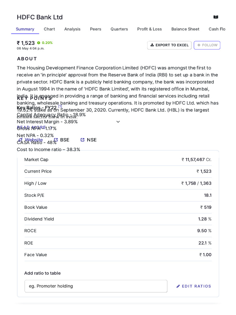 HDFC Bank LTD Share Price - About HDFC Bank - Key Insights - Screener | PDF