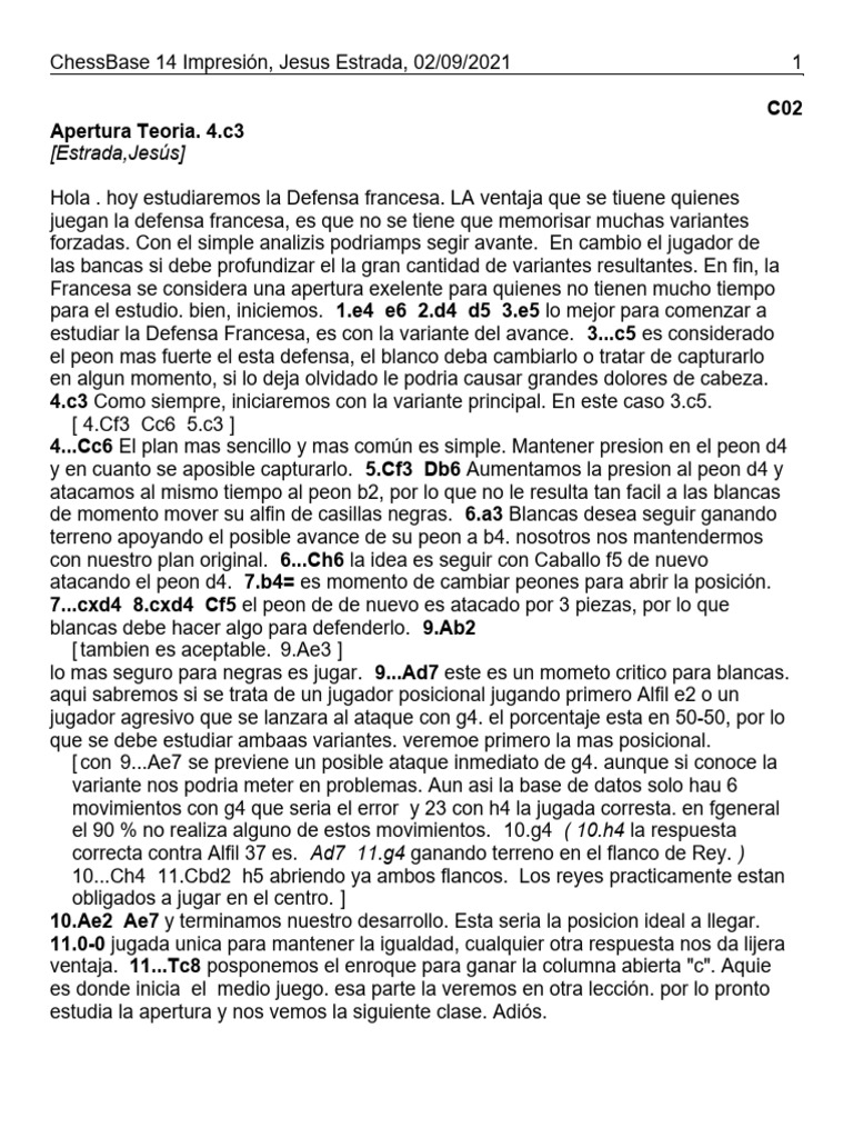 Francesa Apertura Teoria 4.c3 | PDF | Aperturas de ajedrez | Juegos ...