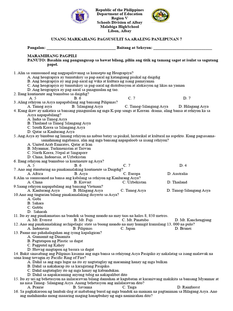 Unang Markahang Pagsusulit Sa Araling Panlipunan 7 | PDF