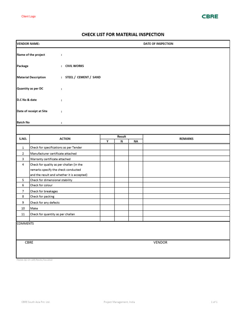 Material Inspection Checklist Template | PDF | Finance & Money ...