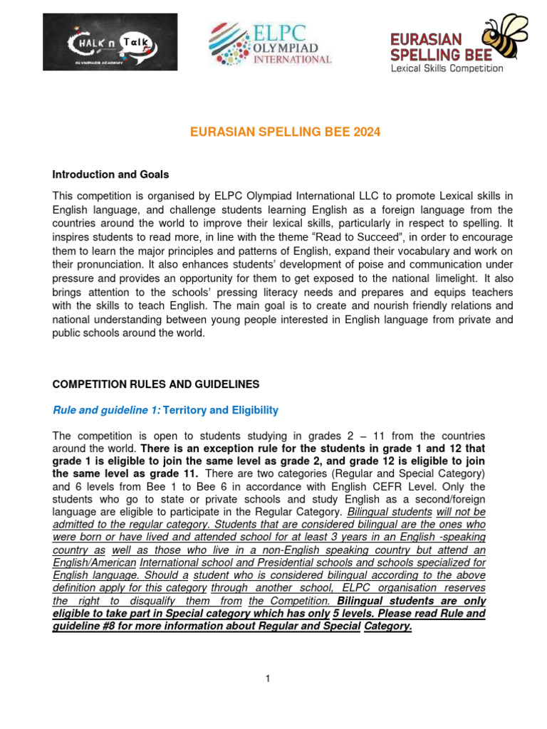 Eurasian Spelling Bee 2024 Guidelines | PDF | Spelling | English Language