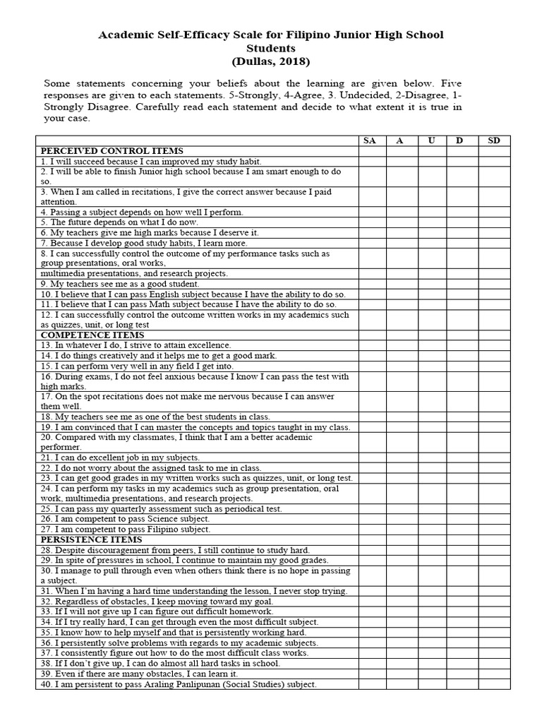 Academic Self Efficacy Questionnaire 1 | PDF | Self Efficacy | Cognition