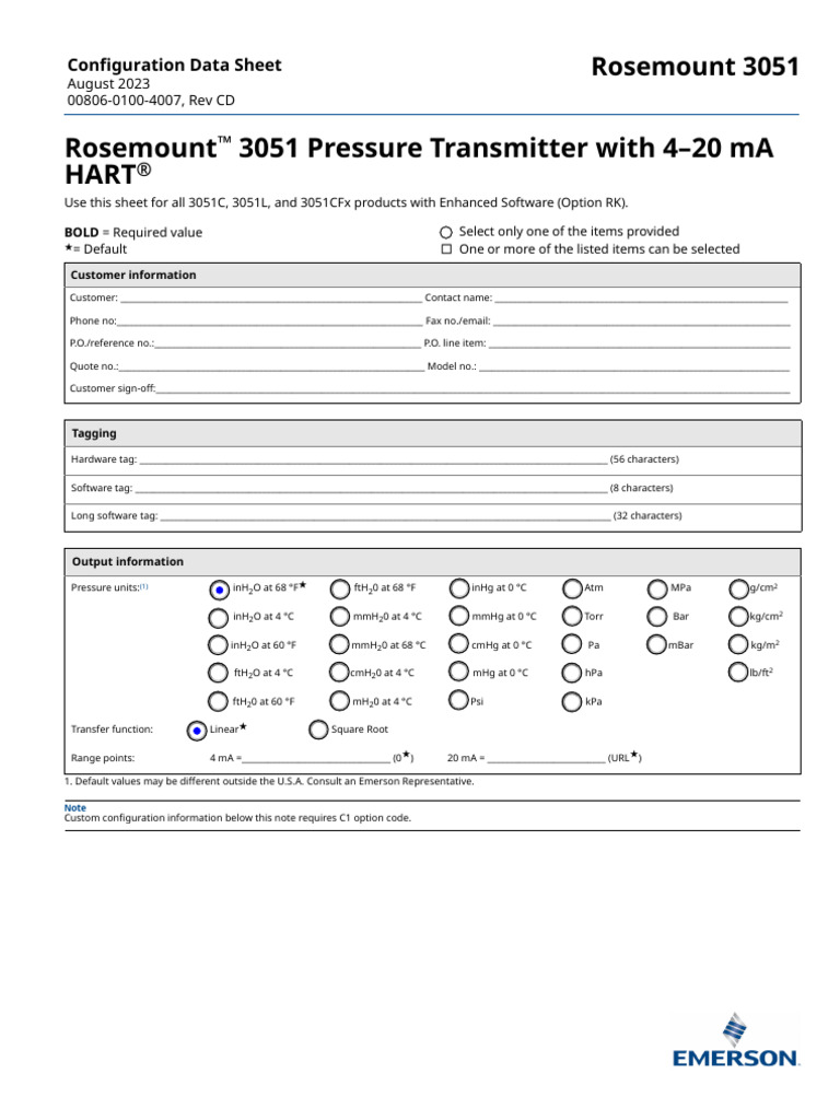 Configuration data sheet rosemount 3051 pressure transmitter 4 20 ma