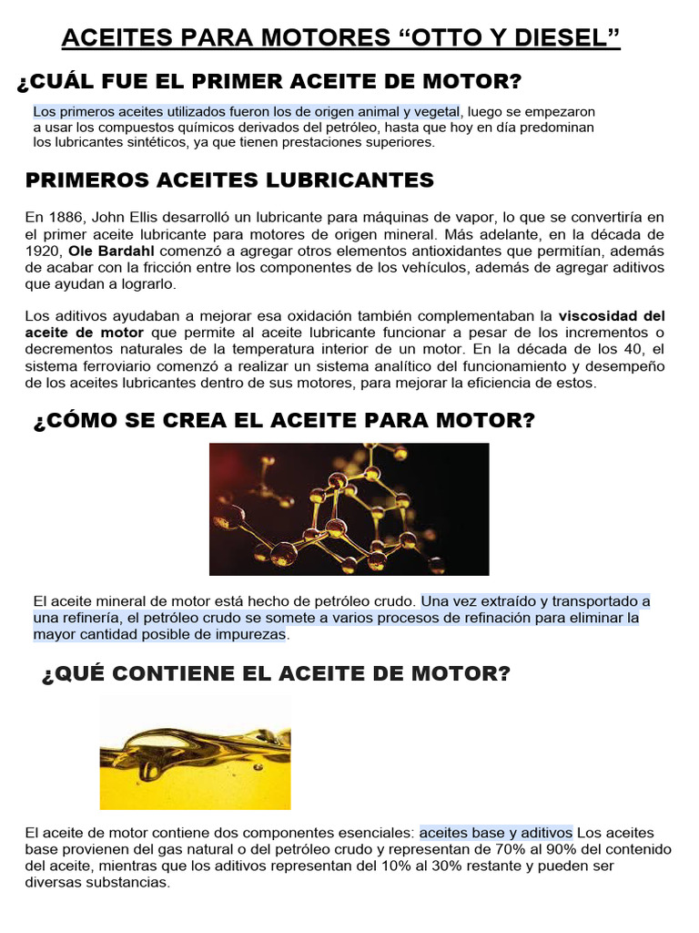 Aceites para Motores: Tipos y Usos | PDF | Lubricante | Aceite de motor