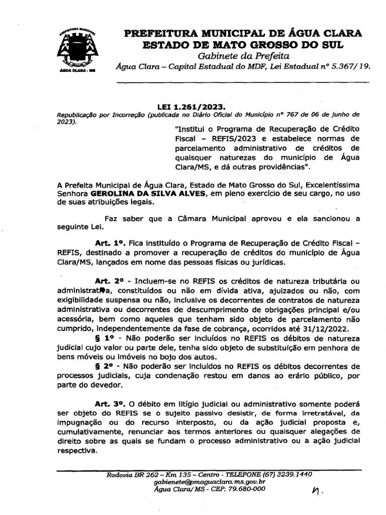 Lei no 1261 2023 institui o programa de recuperacao de credito fiscal