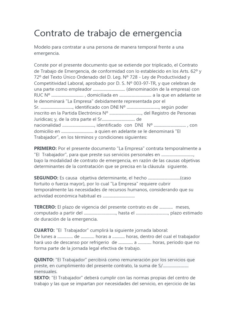 Contrato de trabajo por emergencia | Descargar gratis PDF | Derecho ...