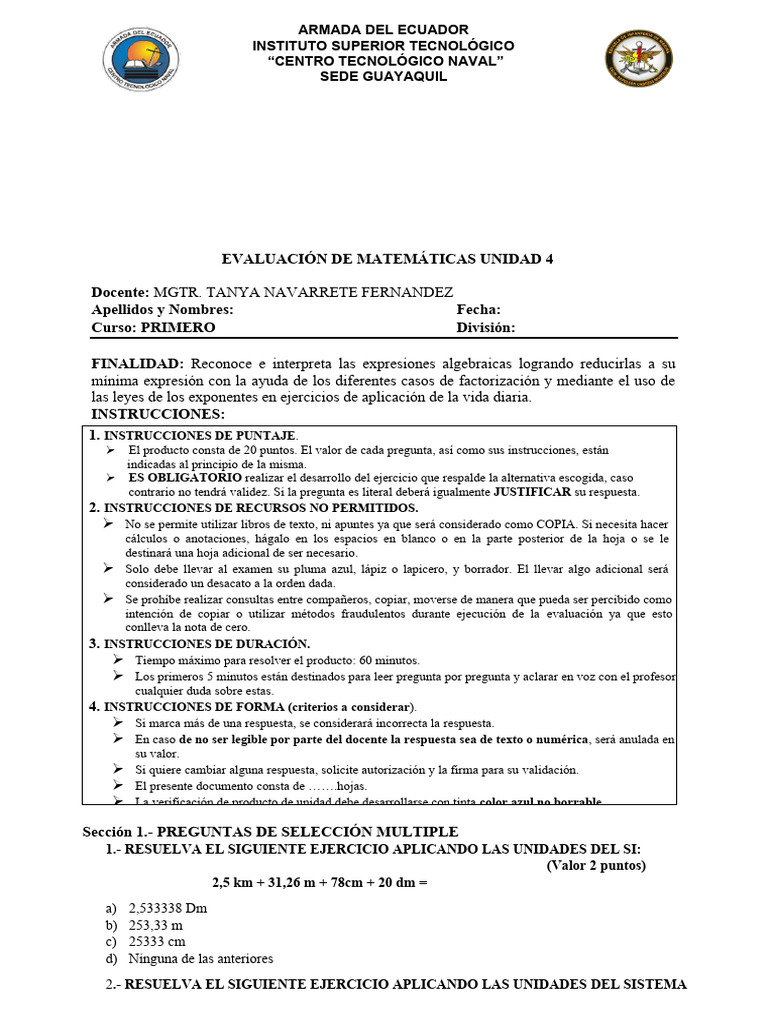 Evaluación Matemáticas Unidad 4 | PDF | Matemáticas