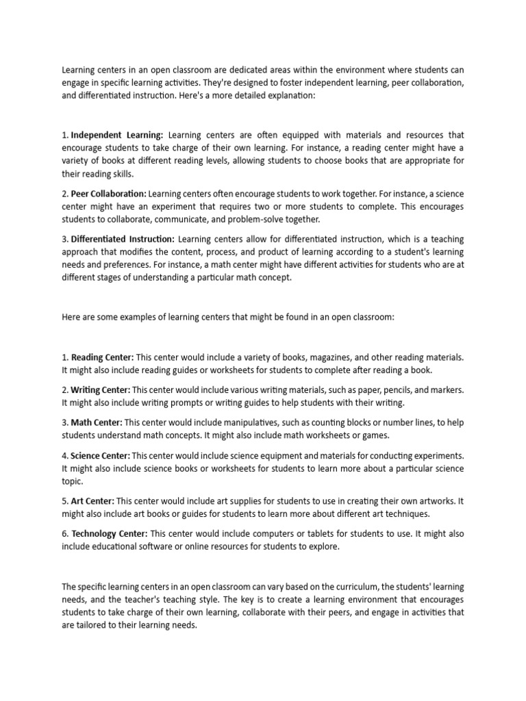 Learning centers in the open classroom pdf differentiated
