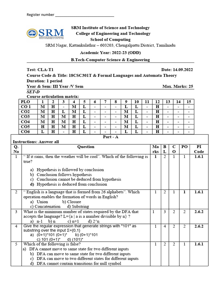 CT1 101931 18CSC301T SetD QP | PDF | String (Computer Science ...
