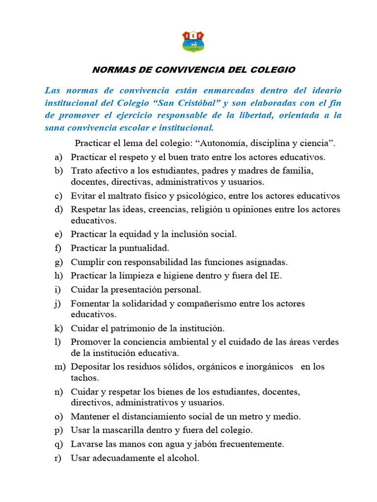 Normas de Convivencia Escolar 2022 | PDF | Crecimiento personal y ...