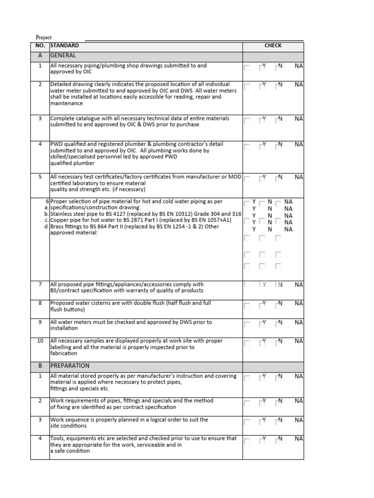 Plumbing Installation Compliance Checklist | PDF | Plumbing | Pipe ...