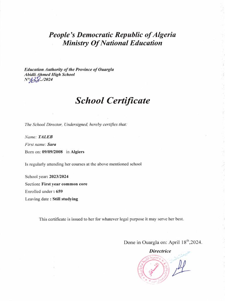 School Certificate PDF