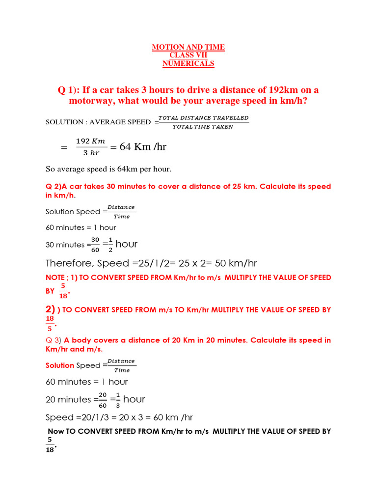Class 7 motion and time numericals download free pdf speed