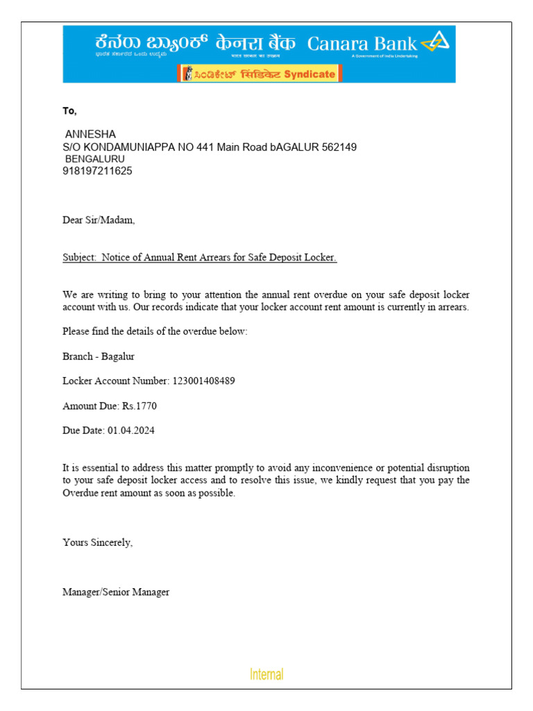 Locker Notice PDF | PDF | Bangalore