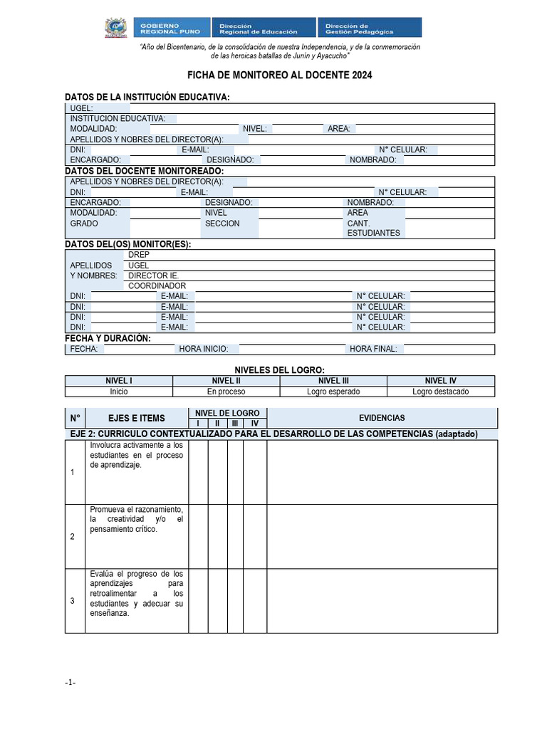 Ficha de Monitoreo Docente 2024 | PDF | Evaluación | Plan de estudios