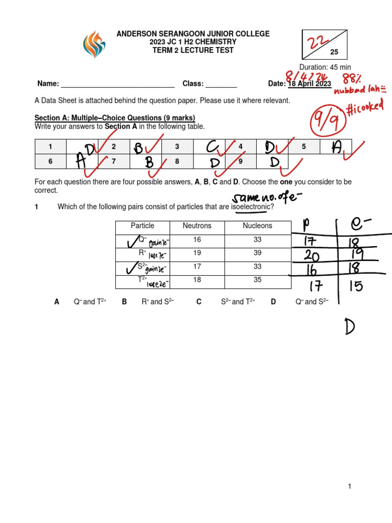 2023 J1 H2 Chem Term 2 Lecture Test Question Paper | PDF | Chemical ...