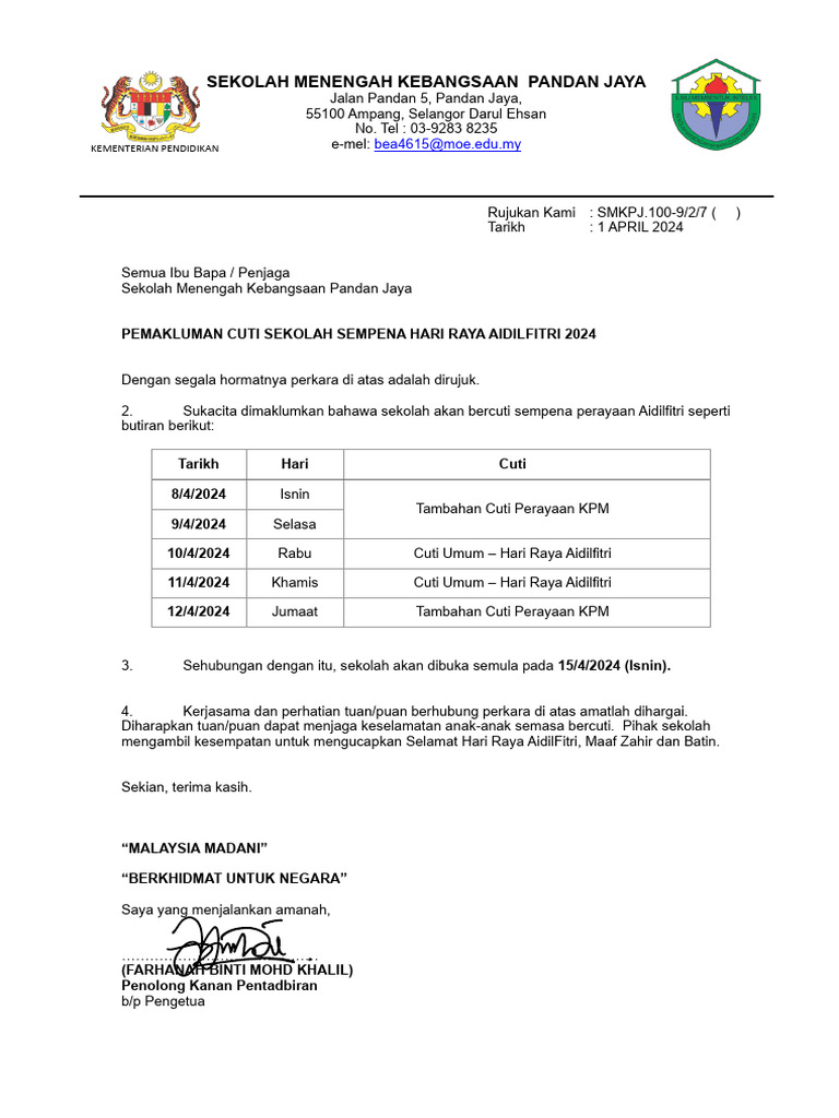 Pemakluman Cuti Aidilfitri | PDF