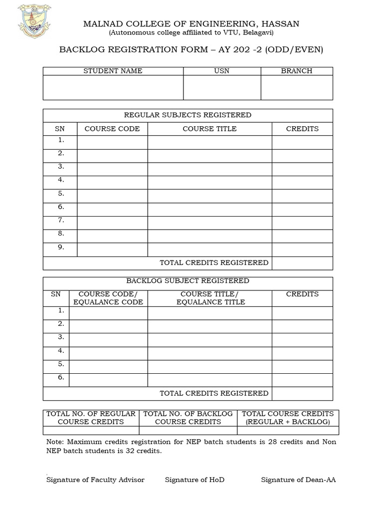 Backlog Registration Form AY 202-2 | PDF