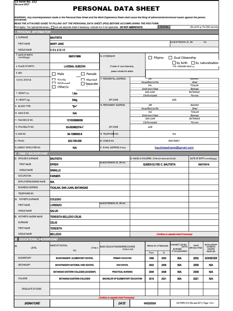 CS Form No. 212 Revised Personal Data Sheet JHENG | PDF